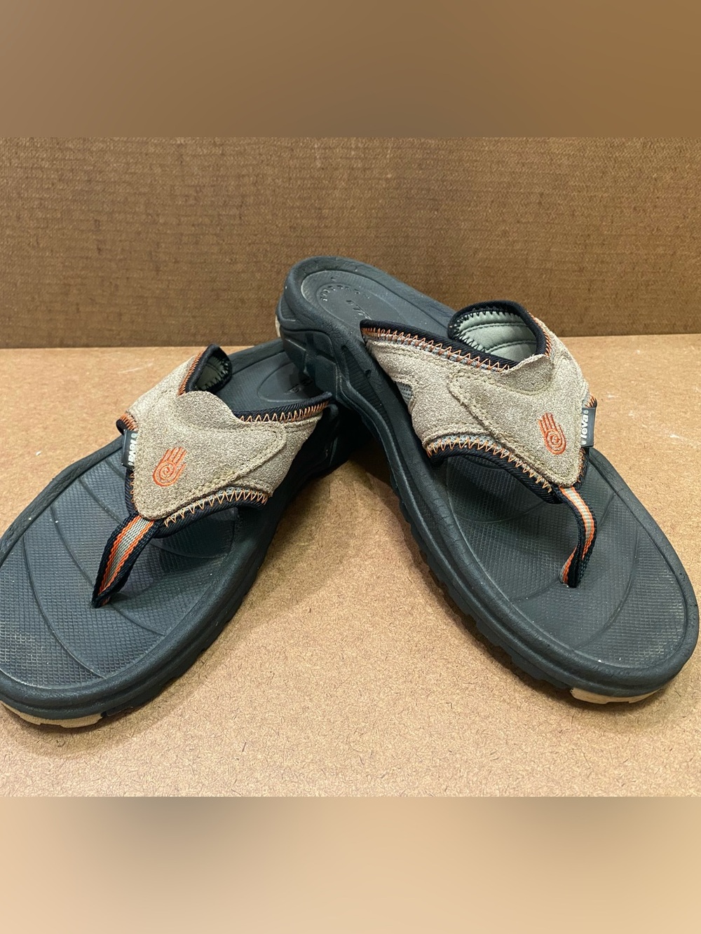 Teva Men's Katavi 2 Thong Sandals in Black and Tan with Orange Accents